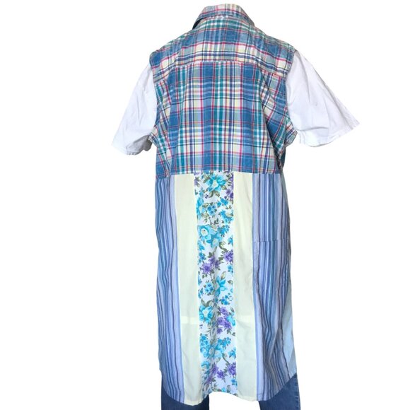Patchwork Duster, Size L-XL: Upcycled Boho Sleeveless Floral Button-Down Dress - Picture 3 of 13